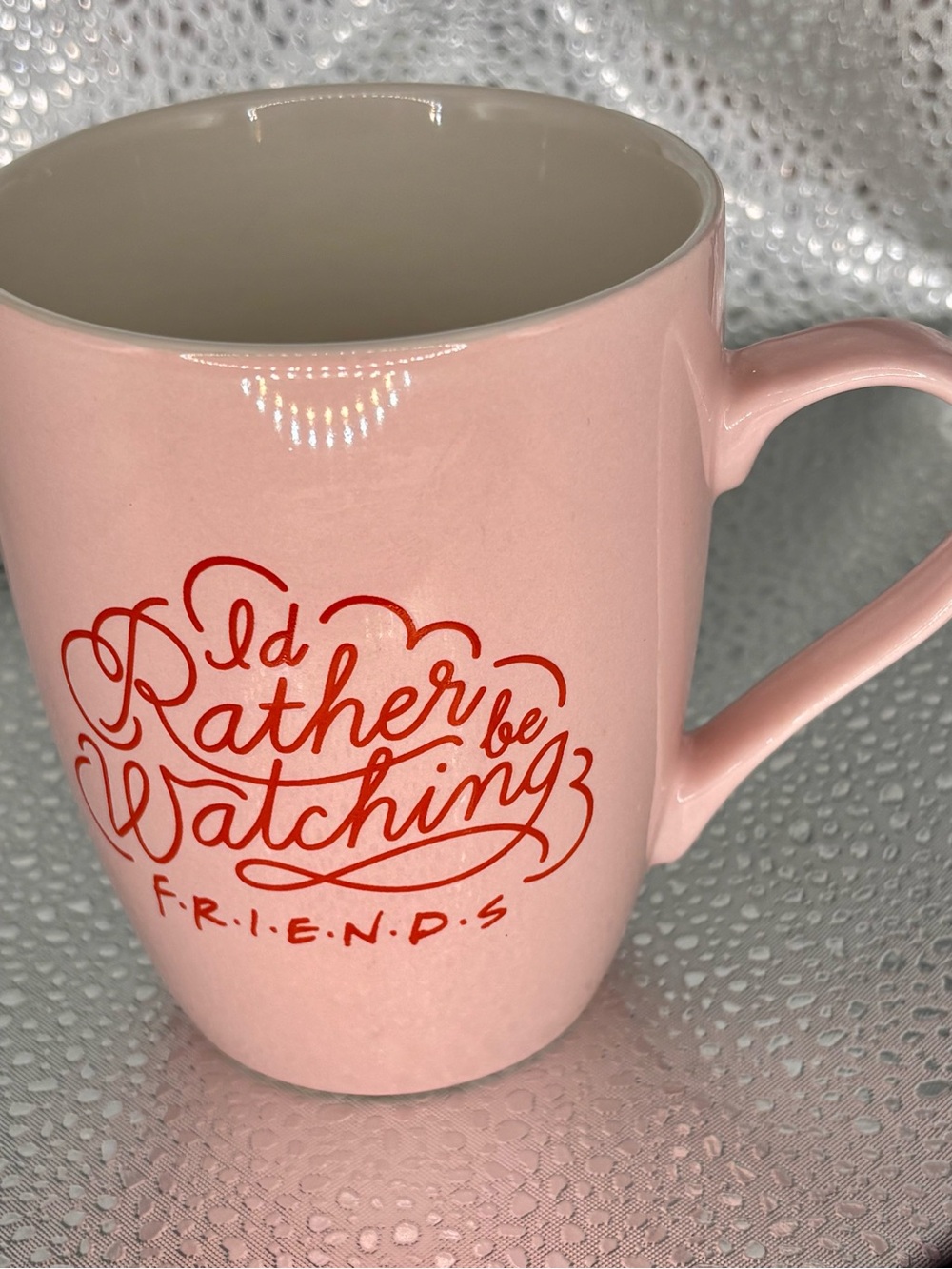 FRIENDS Pink Mug with Red Script - 'I'd Rather Be Watching'